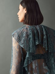 Blue Ruffle Lace Long Sleeve Blouse - Image 4 of 7