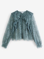 Blue Ruffle Lace Long Sleeve Blouse - Image 5 of 7