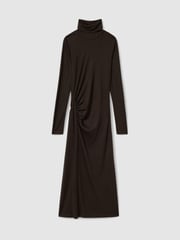 Reiss Brown Nile Wool Jersey Ruched Midi Dress - Image 3 of 8