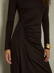 Reiss Brown Nile Wool Jersey Ruched Midi Dress - Image 6 of 8