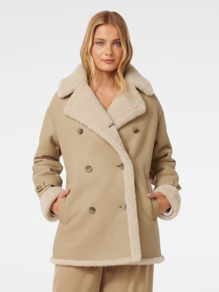 Forever New Brown Alix Vegan Leather Shearling Coat - Image 1 of 5