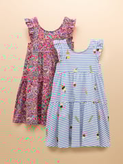 Joules Butterfly Blue & Pink Frill Sleeve Print Dress Two Pack - Image 1 of 9