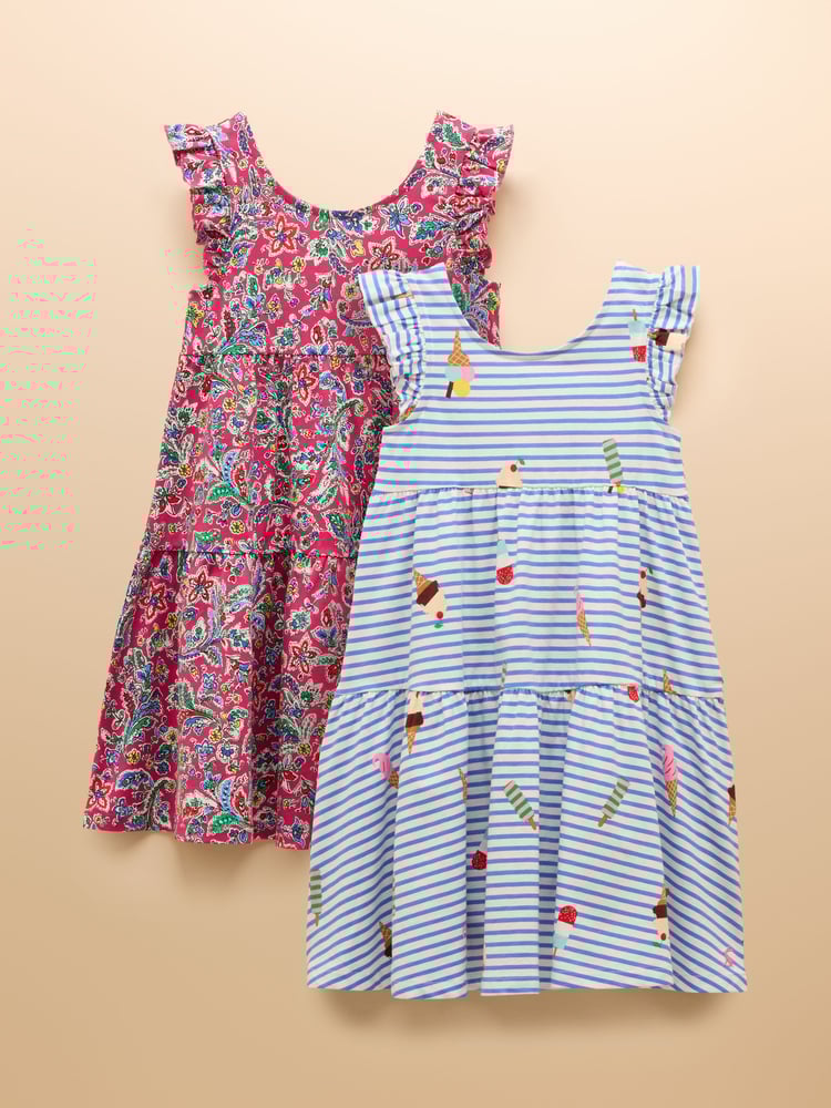 Joules Butterfly Blue & Pink Frill Sleeve Print Dress Two Pack - Image 1 of 9