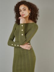Yumi Green Shimmer Fitted Midi Dress With Button - Image 1 of 5
