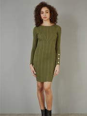 Yumi Green Shimmer Fitted Midi Dress With Button - Image 2 of 5