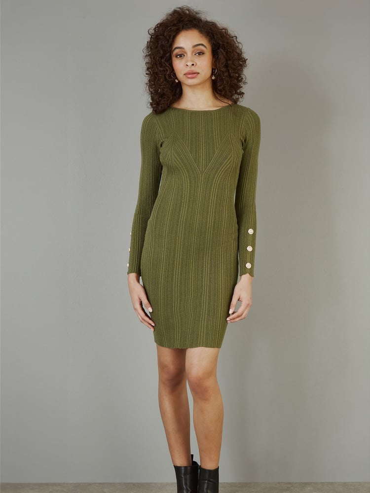 Yumi Green Shimmer Fitted Midi Dress With Button - Image 2 of 5