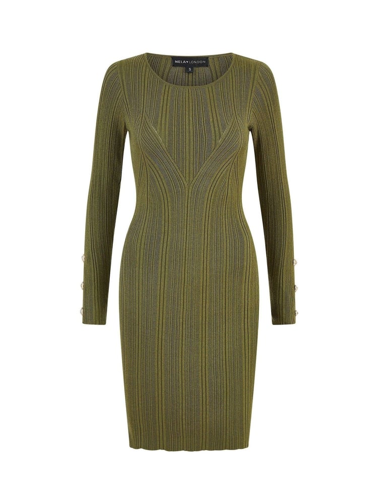 Yumi Green Shimmer Fitted Midi Dress With Button - Image 5 of 5