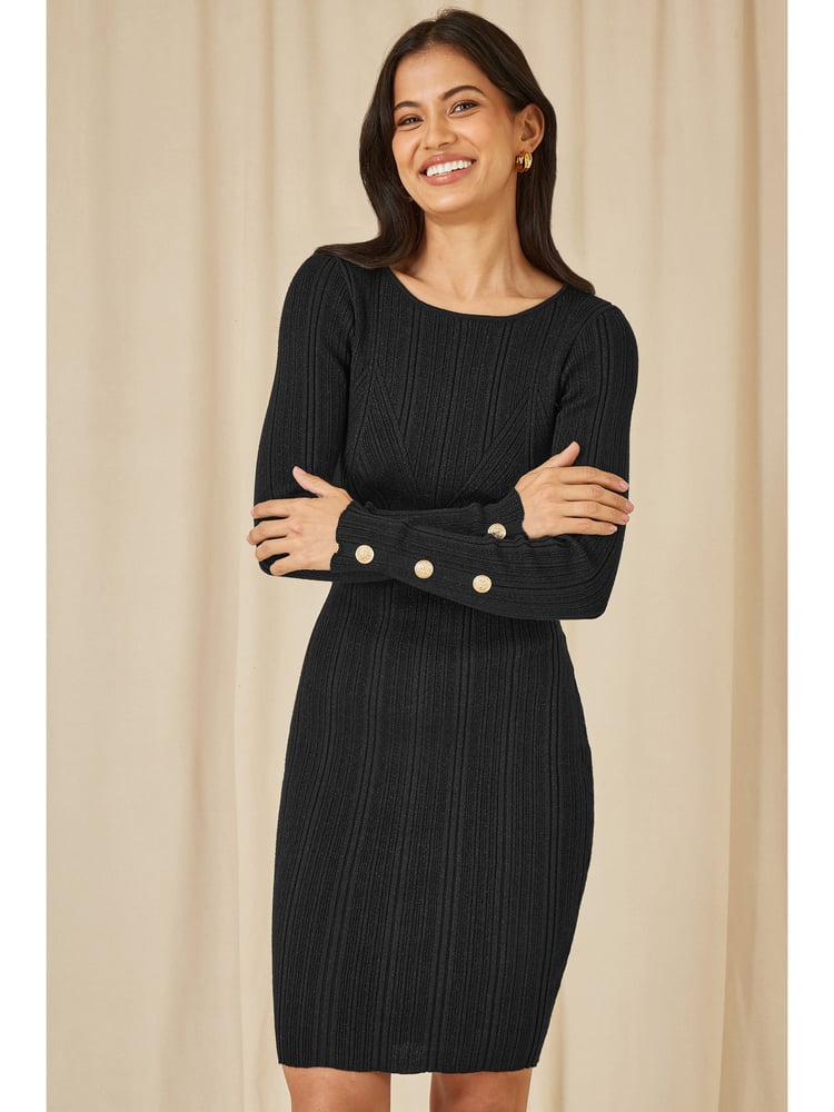 Yumi Black Shimmer Fitted Midi Dress With Button - Image 1 of 5