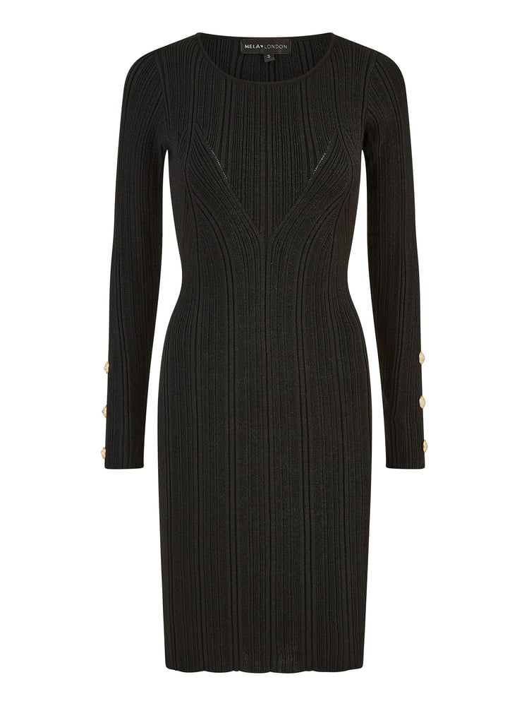 Yumi Black Shimmer Fitted Midi Dress With Button - Image 5 of 5