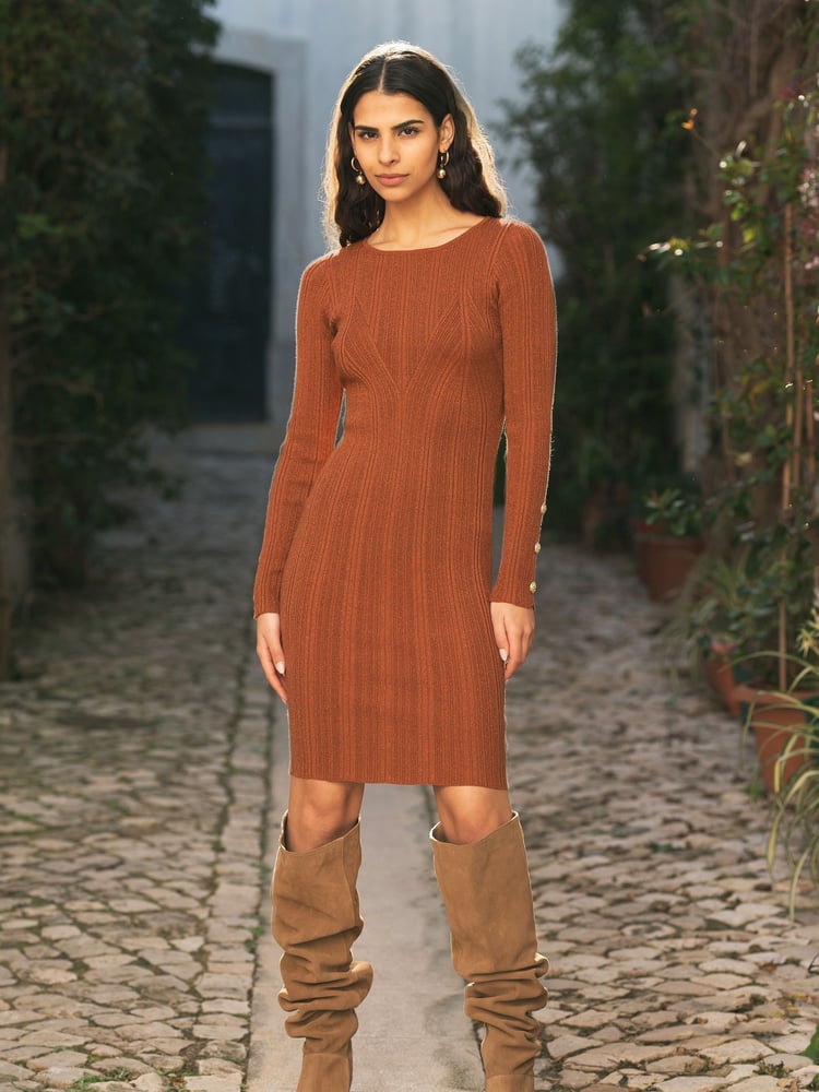 Yumi Brown Shimmer Fitted Midi Dress With Button - Image 1 of 5