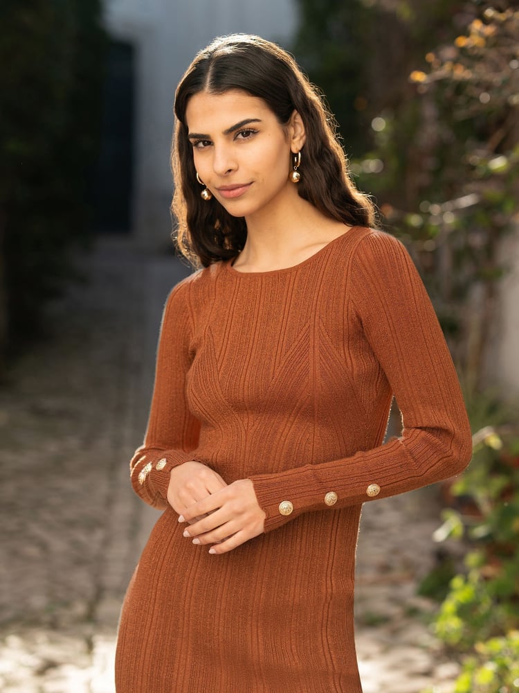 Yumi Brown Shimmer Fitted Midi Dress With Button - Image 2 of 5