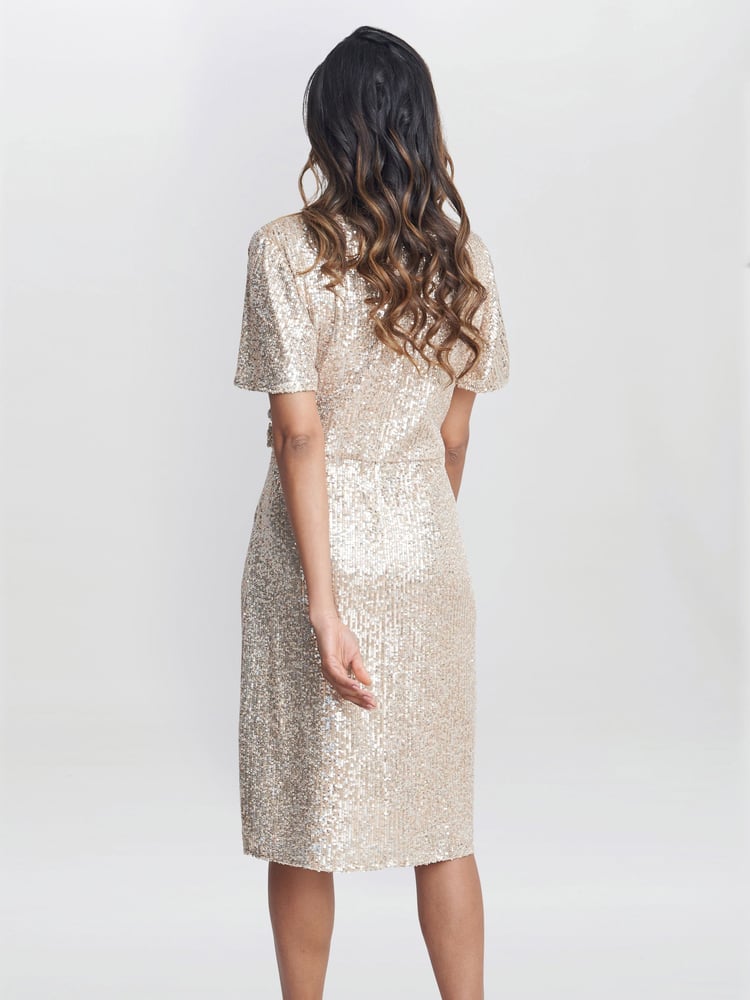 Gina Bacconi Natural Krista V-Neck Twist Sequin Dress - Image 2 of 5