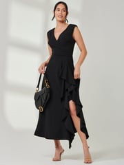 Jolie Moi Black Wrap Front Frill Detail Maxi Dress - Image 1 of 6