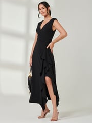 Jolie Moi Black Wrap Front Frill Detail Maxi Dress - Image 4 of 6