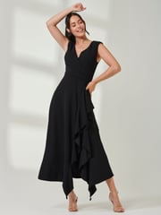 Jolie Moi Black Wrap Front Frill Detail Maxi Dress - Image 5 of 6