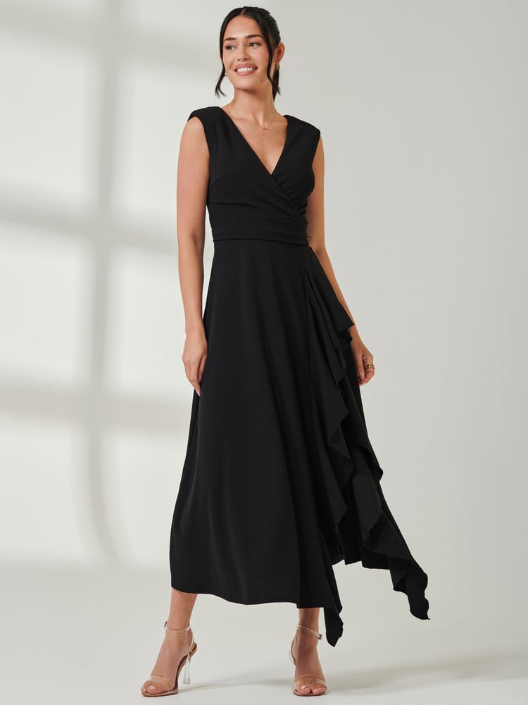 Jolie Moi Black Wrap Front Frill Detail Maxi Dress - Image 6 of 6
