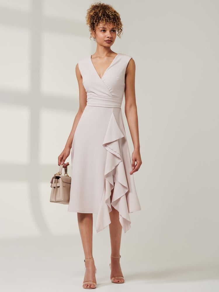 Jolie Moi Grey Qiana Ruffle Detail Midi Dress - Image 1 of 6