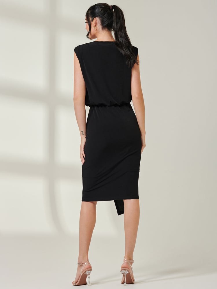 Jolie Moi Black Tiered Draped Pencil Dress - Image 2 of 6