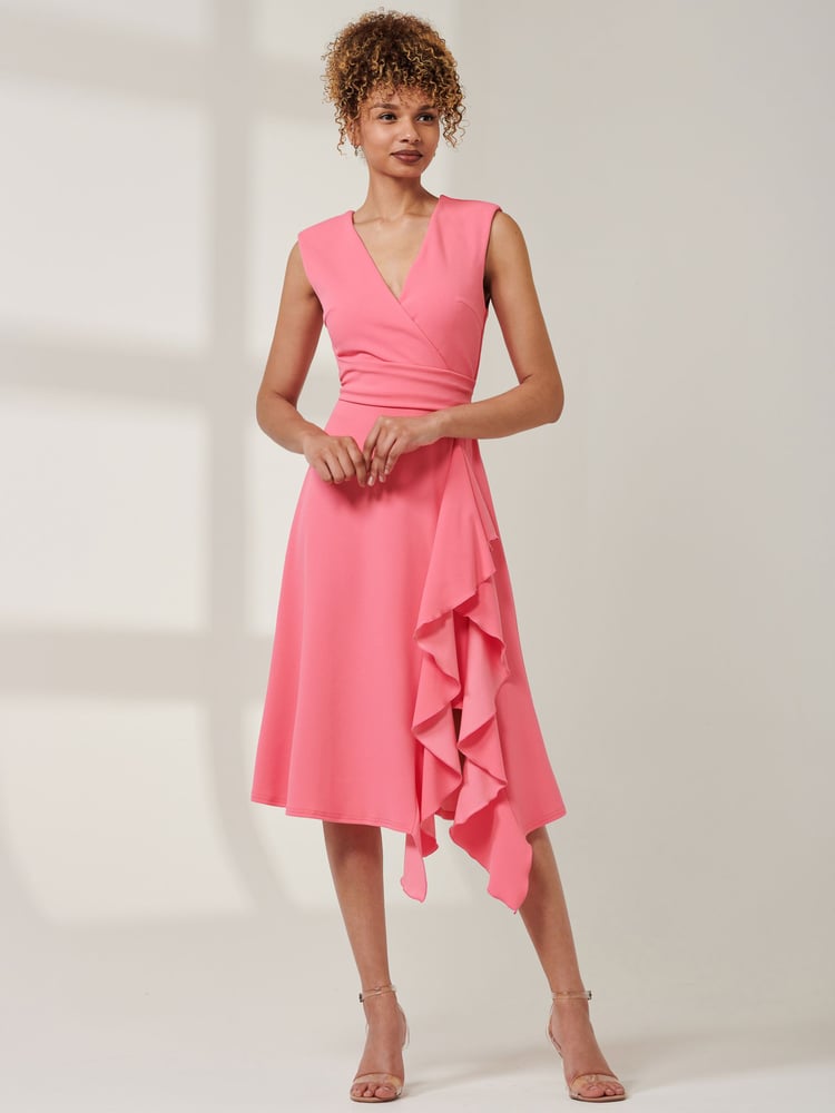 Jolie Moi Pink Qiana Ruffle Detail Midi Dress - Image 1 of 6