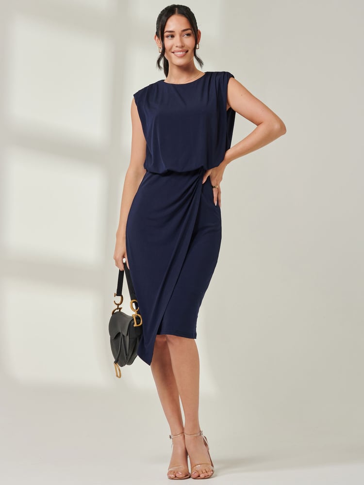Jolie Moi Blue Tiered Draped Pencil Dress - Image 1 of 6