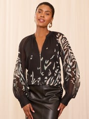 Love & Roses Black Animal Zip Front Mix Sheer Long Sleeve Length Blouse - Image 1 of 4