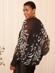 Love & Roses Black Animal Zip Front Mix Sheer Long Sleeve Length Blouse - Image 4 of 4