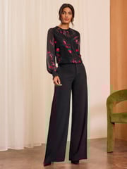 Love & Roses Black Floral Jersey Chiffon Sleeve Lace Trim Blouse - Image 3 of 4