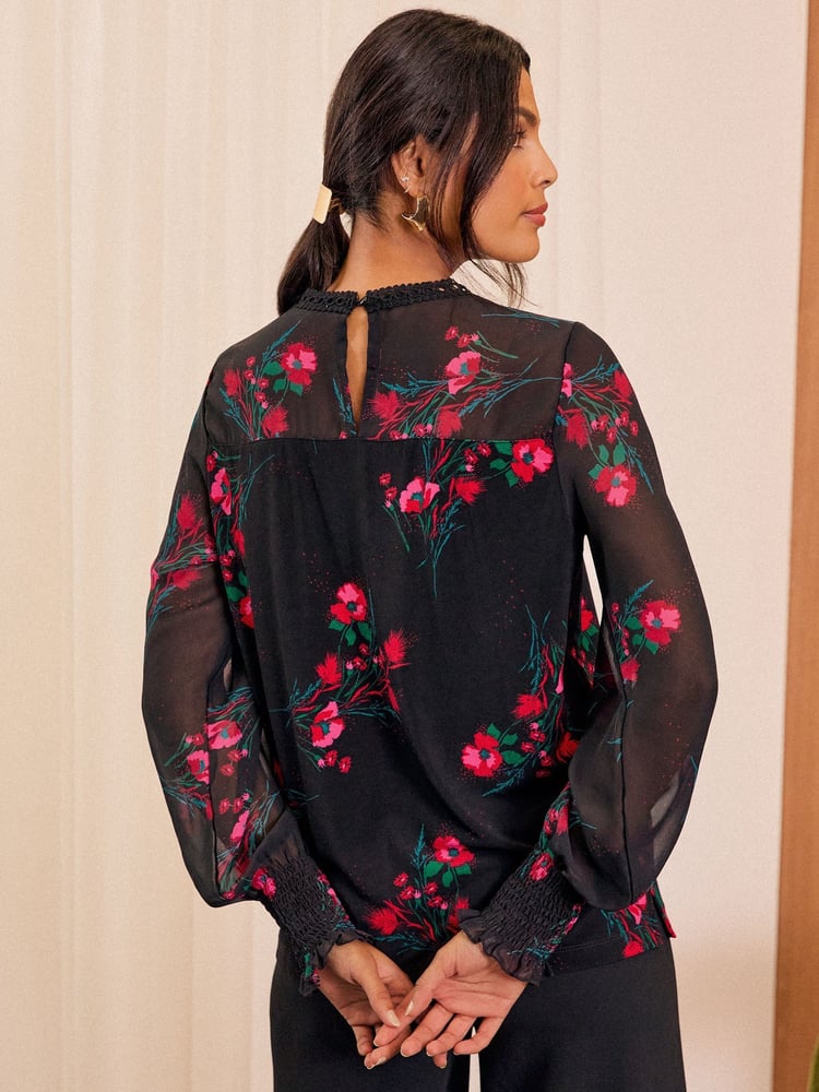 Love & Roses Black Floral Jersey Chiffon Sleeve Lace Trim Blouse - Image 4 of 4 Love & Roses Black Floral Jersey Chiffon Sleeve Lace Trim Blouse - Image 4 of 4