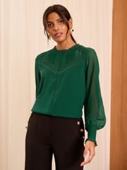 Love & Roses Green Petite Jersey Chiffon Sleeve Lace Trim Blouse - Image 1 of 4