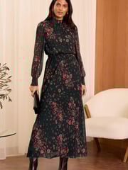 Love & Roses Black Plisse Midi Dress - Image 1 of 4