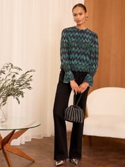 Love & Roses Green And Blue Chevron Petite Print Plisse Mesh Long Sleeve Jersey Blouse - Image 2 of 4