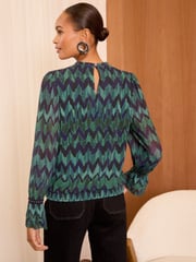 Love & Roses Green And Blue Chevron Petite Print Plisse Mesh Long Sleeve Jersey Blouse - Image 4 of 4