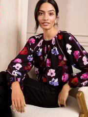 Love & Roses Black Poppy Petite Pintuck Crew Neck Long Sleeve Blouse - Image 1 of 4