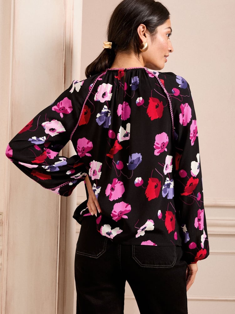 Love & Roses Black Poppy Petite Pintuck Crew Neck Long Sleeve Blouse - Image 4 of 4