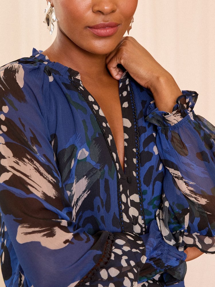 Love & Roses Cobalt Animal Printed Pintuck Notch Neck Long Sleeve Blouse - Image 2 of 4 Love & Roses Cobalt Animal Printed Pintuck Notch Neck Long Sleeve Blouse - Image 2 of 4