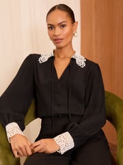 Love & Roses Black Contrast Lace Collar Pintuck Long Sleeve Blouse - Image 1 of 4