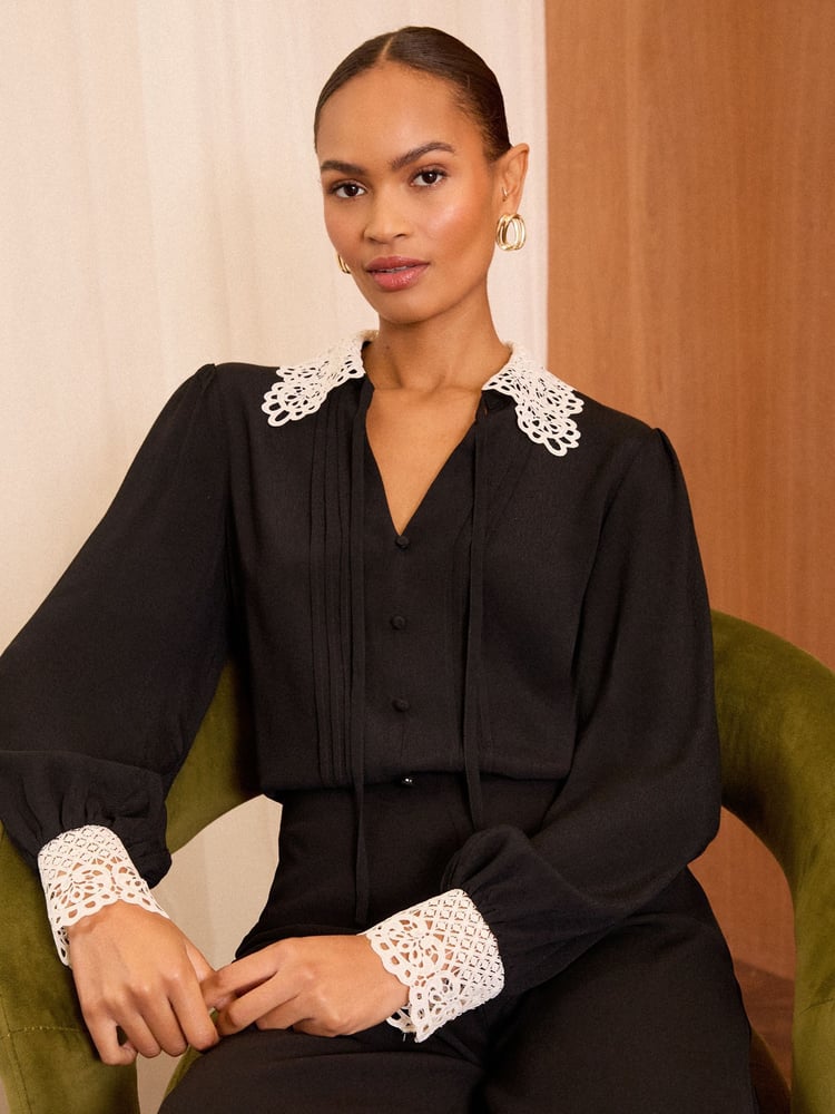 Love & Roses Black Contrast Lace Collar Pintuck Long Sleeve Blouse - Image 1 of 4 Love & Roses Black Contrast Lace Collar Pintuck Long Sleeve Blouse - Image 1 of 4