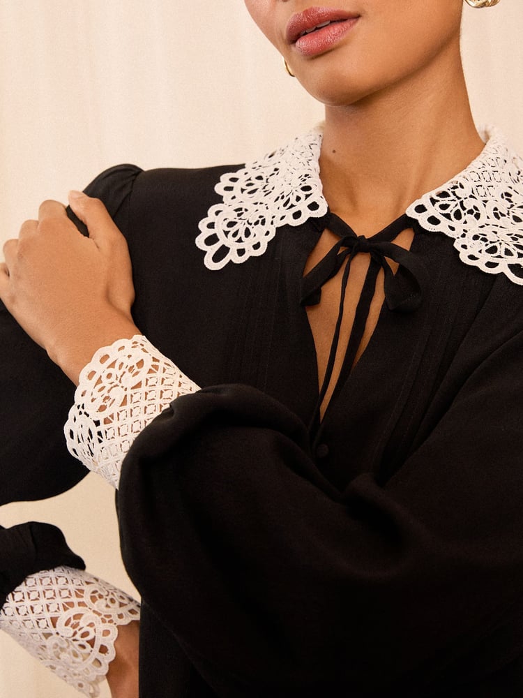Love & Roses Black Contrast Lace Collar Pintuck Long Sleeve Blouse - Image 4 of 4 Love & Roses Black Contrast Lace Collar Pintuck Long Sleeve Blouse - Image 4 of 4