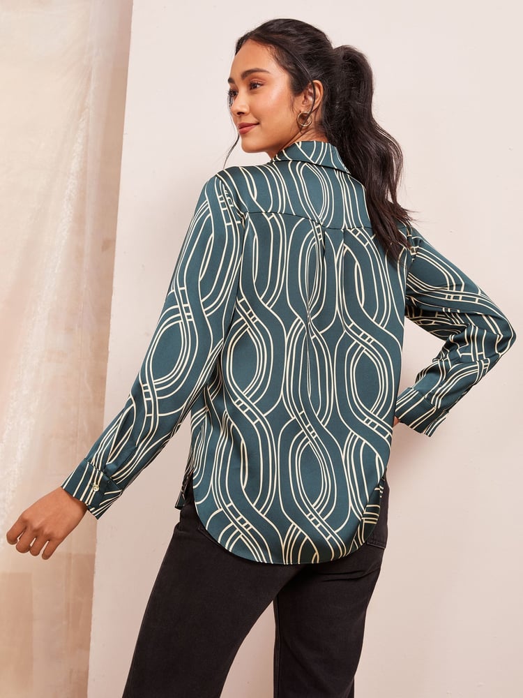 Friends Like These Green Petite Satin Long Sleeve Button Through Shirt - Image 4 of 4