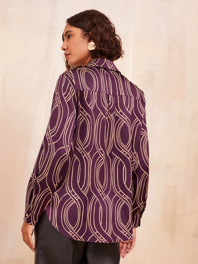 Friends Like These Burgundy Petite Satin Long Sleeve Button Through Shirt - Image 4 of 4
