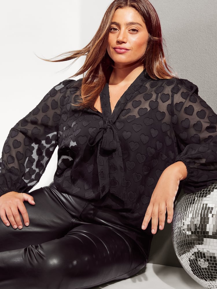 Friends Like These Black Curve Tie Neck Printed Sheer Blouse - Image 2 of 4