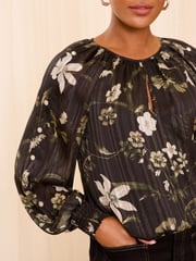 Love & Roses Black Floral Petite Metallic Detail Crew Neck Long Sleeve Blouse - Image 2 of 4