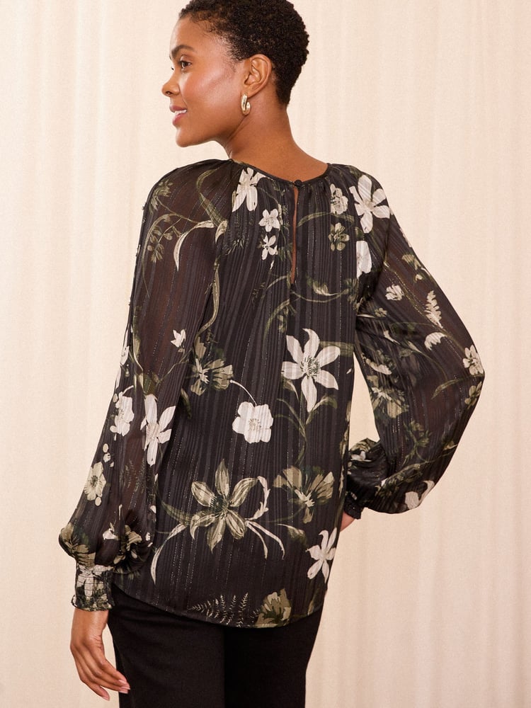 Love & Roses Black Floral Petite Metallic Detail Crew Neck Long Sleeve Blouse - Image 4 of 4