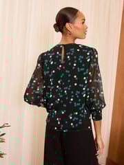 Love & Roses Black Spot Bow Detail Crew Neck 3/4 Sleeve Blouse - Image 4 of 4