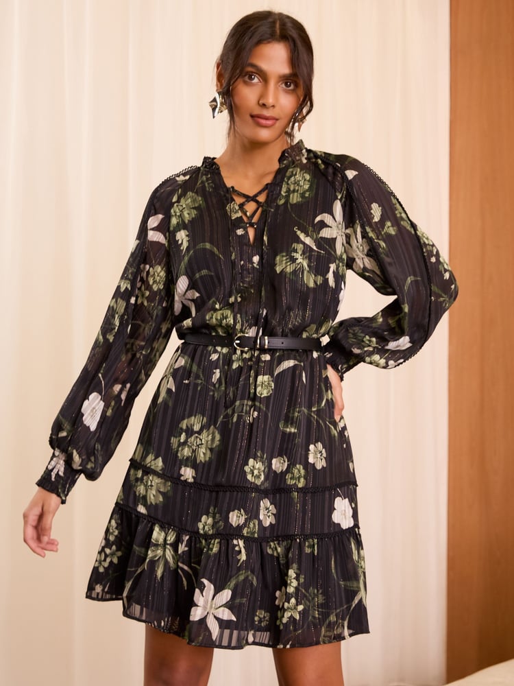 Love & Roses Black Petite Floral Mini Dress - Image 1 of 4 Love & Roses Black Petite Floral Mini Dress - Image 1 of 4