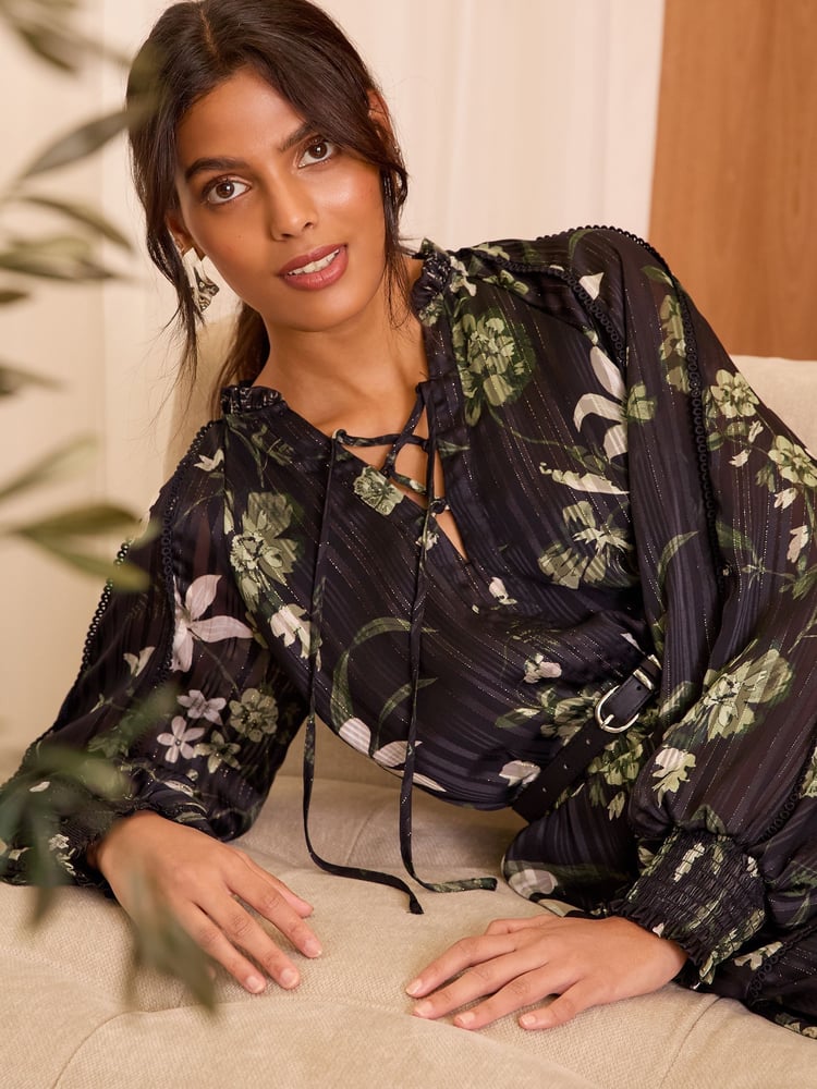 Love & Roses Black Petite Floral Mini Dress - Image 2 of 4 Love & Roses Black Petite Floral Mini Dress - Image 2 of 4
