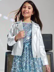 Lipsy Silver Metallic Faux Leather Biker Jacket (5-16yrs) - Image 1 of 4