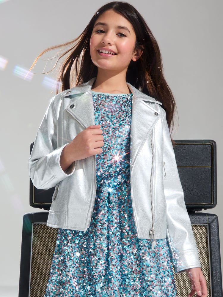 Lipsy Silver Metallic Faux Leather Biker Jacket (5-16yrs) - Image 1 of 4