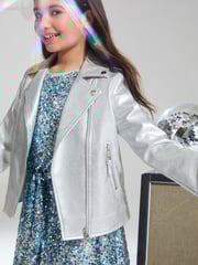 Lipsy Silver Metallic Faux Leather Biker Jacket (5-16yrs) - Image 3 of 4