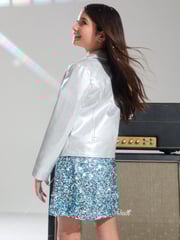 Lipsy Silver Metallic Faux Leather Biker Jacket (5-16yrs) - Image 4 of 4